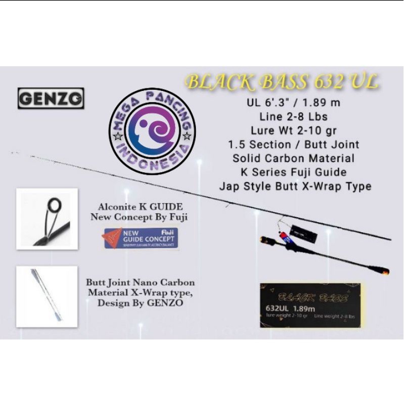 Joran Ultra ligth Genzo Black Bass 632 free metal jig 10 gr Solid Carbon butt joint