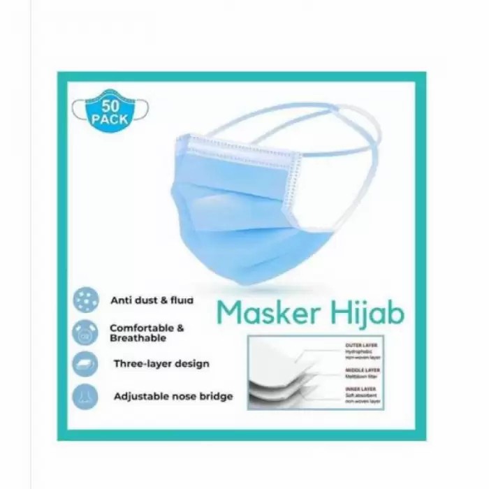 Masker Headloop Hijab 3 Ply 3Ply Face Mask anti Debu Virus isi 50 Pcs