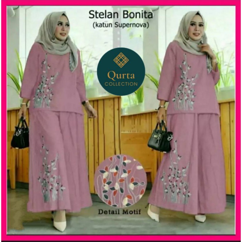 QC SETELAN BONITA Setelan muslim wanita dewasa jumbo pakaian Gamis hijab kekinian set