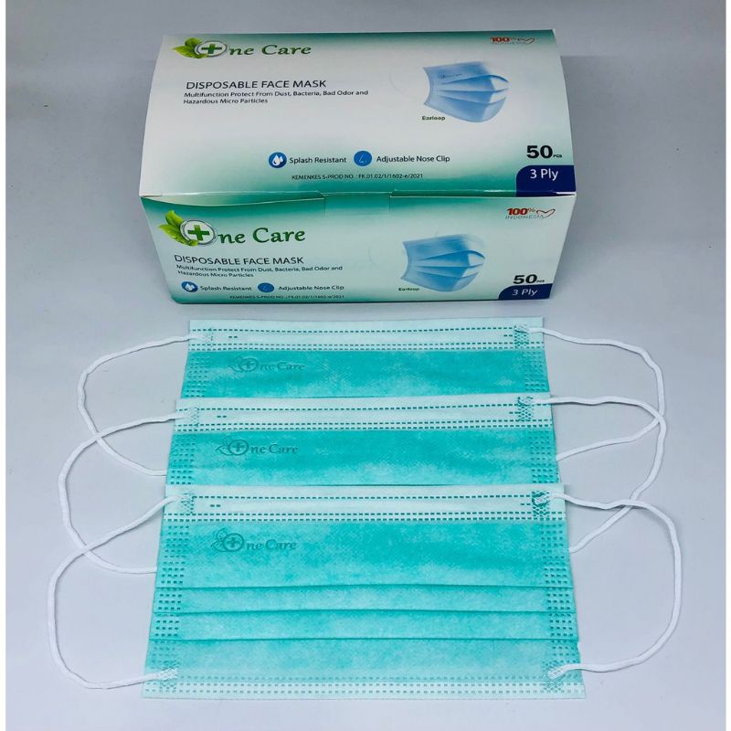 MASKER EARLOOP ONE CARE 3 PLY HIJAU TOSCA DISPOSABLE FACE MASK ISI 50 PCS