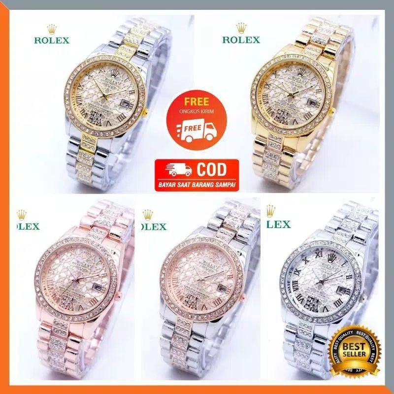 Jam Tangan Wanita Rolex Rantai Permata Premium Tanggal Aktif Free Box Rolex &amp; Baterai Cadangan