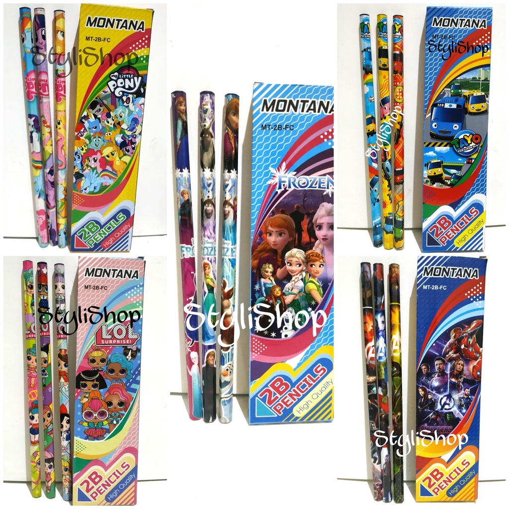 

(Isi 12pcs) Pensil 2B Montana Motif Anak, Pensil Kayu, Pensil Karakter Murah