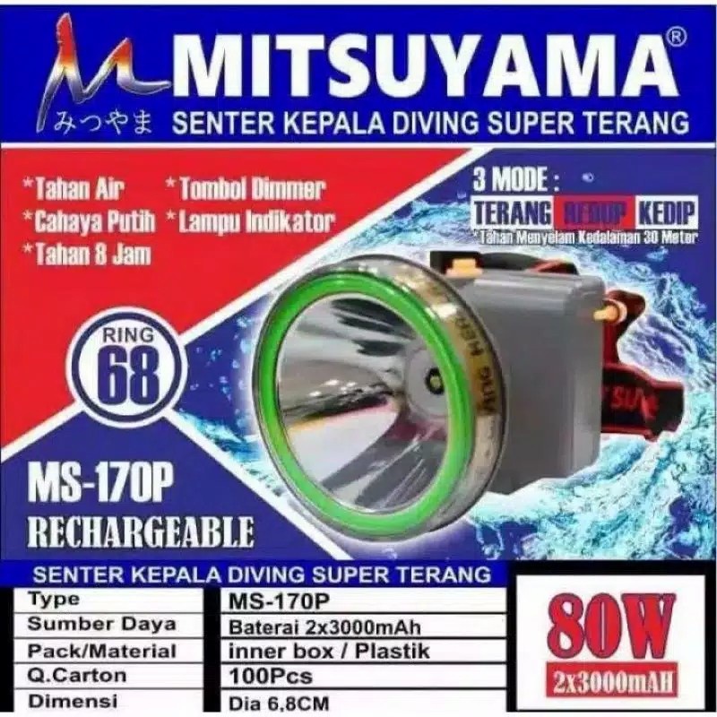 SENTER KEPALA JUMBO MITSUYAMA MS-170 CAHAYA TERANG 80 WATT WATERPROOF