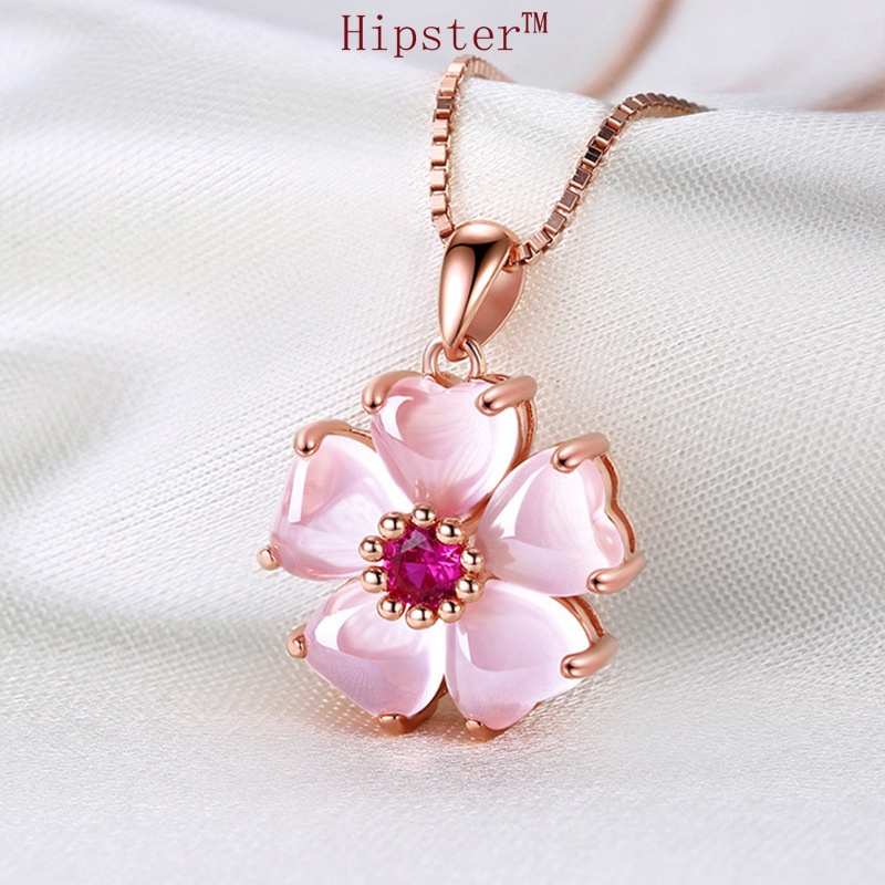 Light Luxury Socialite Style Pink Crystal Peach Blossom Pendant Rose Gold Necklace