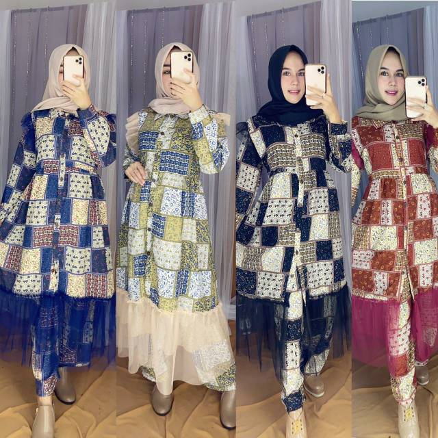 (TERMURAH) ONE SET CELANA & LONG TUNIK MIX TILE TUTU / SETCEL KALILA PREMIUM