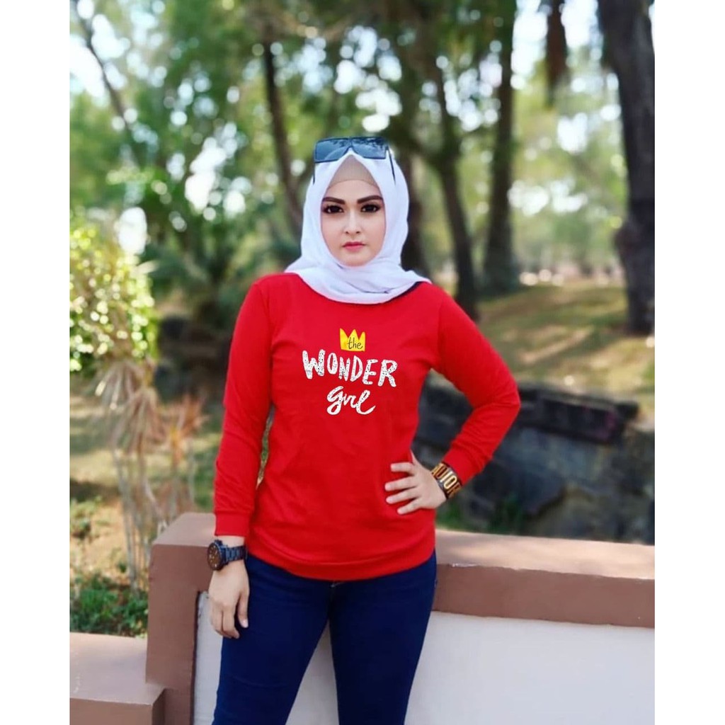 TOTOTAshop.Baju kaos wanita WONDER GIRL EV,Bahan babyterry,Lengan panjang,Motif sablon halus.fit XL