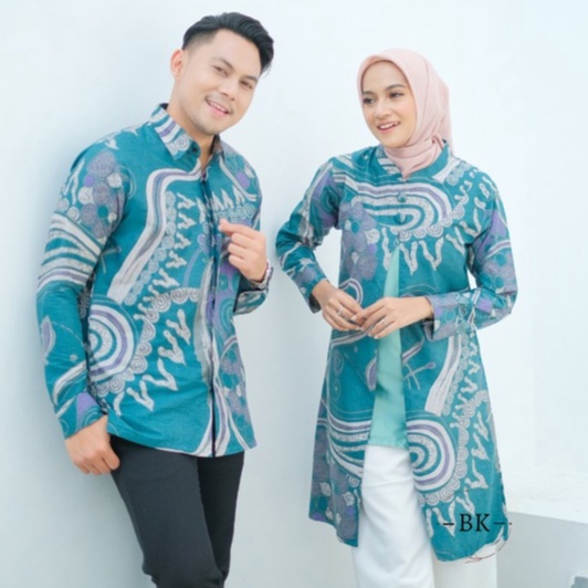 Batik Couple Modern Pasangan Sarimbit Kombinasi Bahan Katun Motif Kanza Ekslusif Hijau Tosca  Pastel