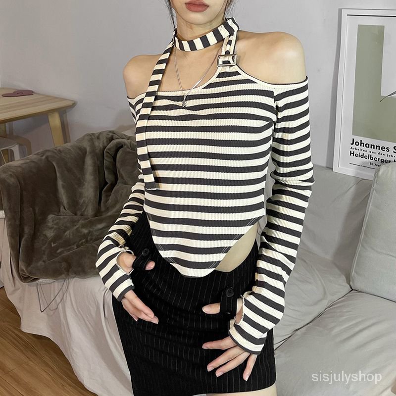 #Sisjuly# Wanita Retro Striped Splicing Fashion Atasan Pendek Wanita Off Shoulder Halter Kaos Rampin