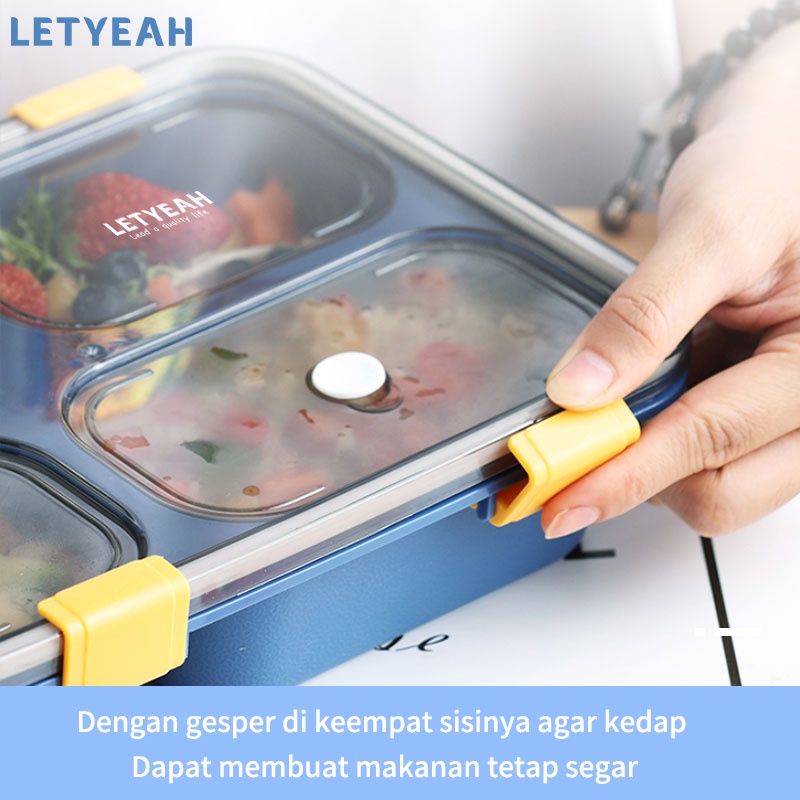 letyeah Lunch box 4 grid 1250ml/ Kotak makan anti tumpah/ Free sendok