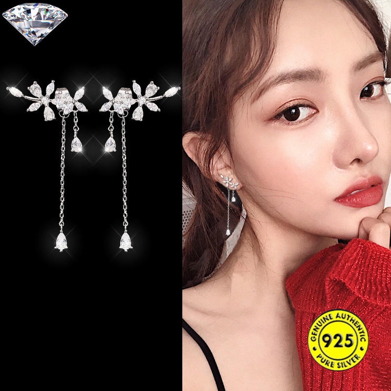 Anting Rumbai Bentuk Bunga Aksen Berlian Bahan S925 Silver Gaya Korea Untuk Wanita