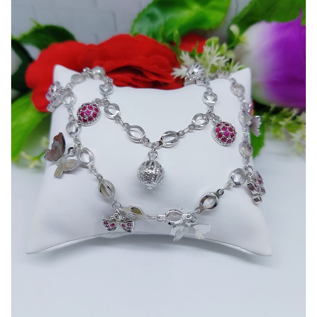 Gelang Xuping Kupu dan Bola Silver Mata Pink