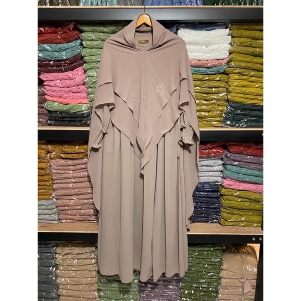 Gamis syari hasanah bahan ceruty baby doll premium full furing / busui / resleting-Smoke