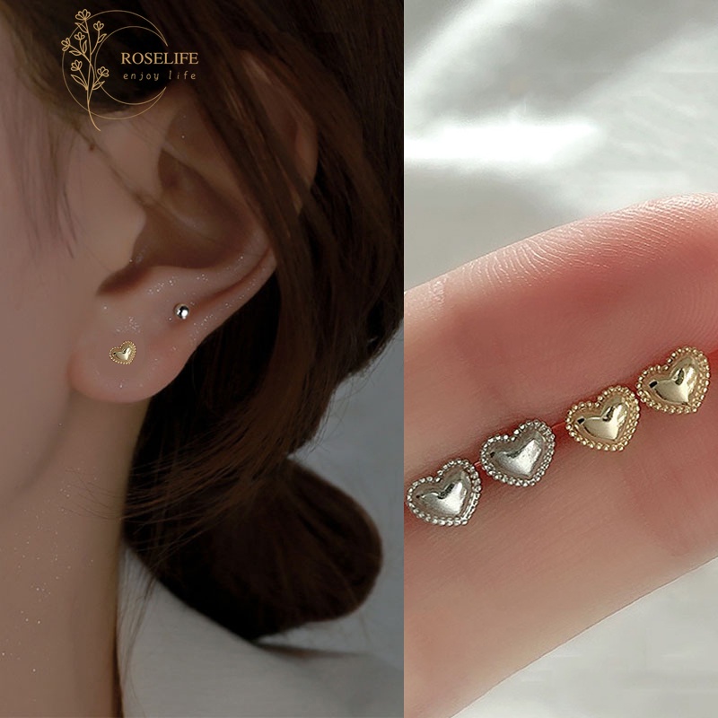 Roselife 1 Pasang Anting Tusuk Sterling Silver 925 Hypoallergenic Desain Hati Kecil Untuk Wanita