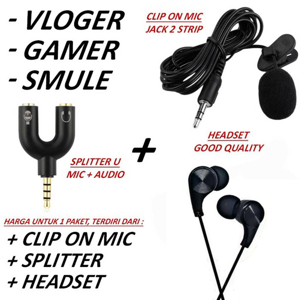 Paket Youtube Mic Clip On + Spliter U + Headset Philips AT-036 / Paket Ngevlog / Paket Youtuber