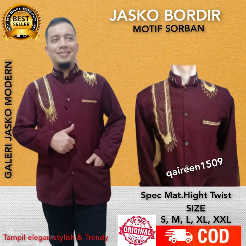 Jas Koko Pria Motif Sorban | Jasko Bordir Merah Marun | Baju Koko Merah Marun dewasa | Koko dewasa
