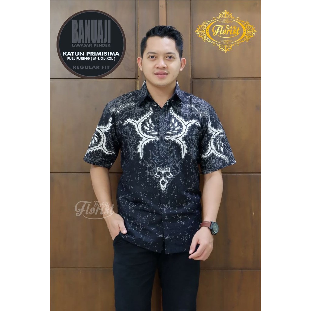 BANUAJI Kemeja Batik Pria Lengan Pendek Katun Halus FULL FURING Florist