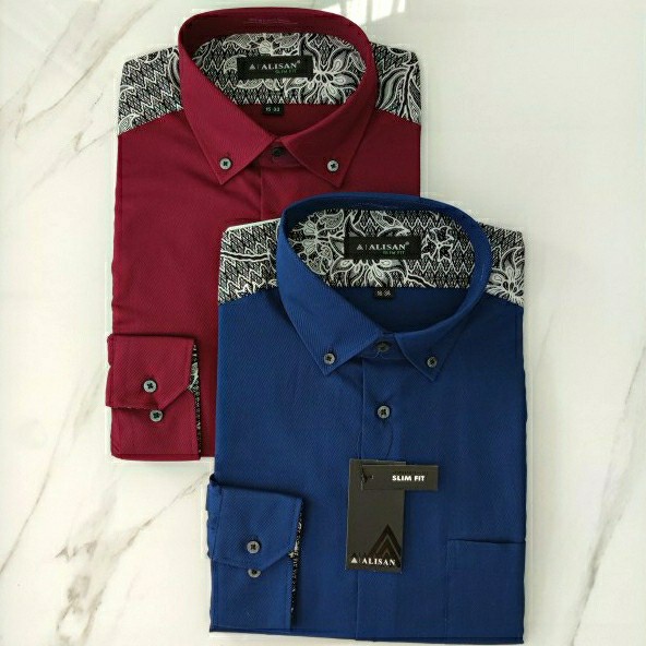 ALISAN Kemeja Pria Slim Panjang Biru / Merah Maroon Dobby Pundak Batik XS - XXXXL JUMBO