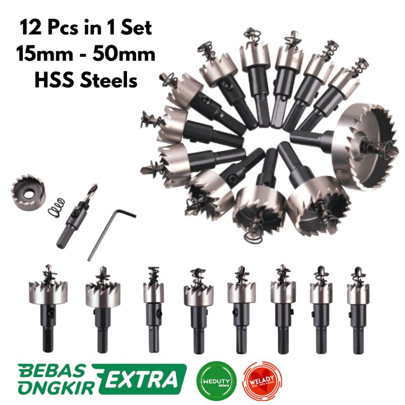 MATA BOR BAJA BESI PEMBUAT LUBANG HOLE SAW HSS STAINLESS STELL 12 PCS IN 1 SET 15MM - 60MM