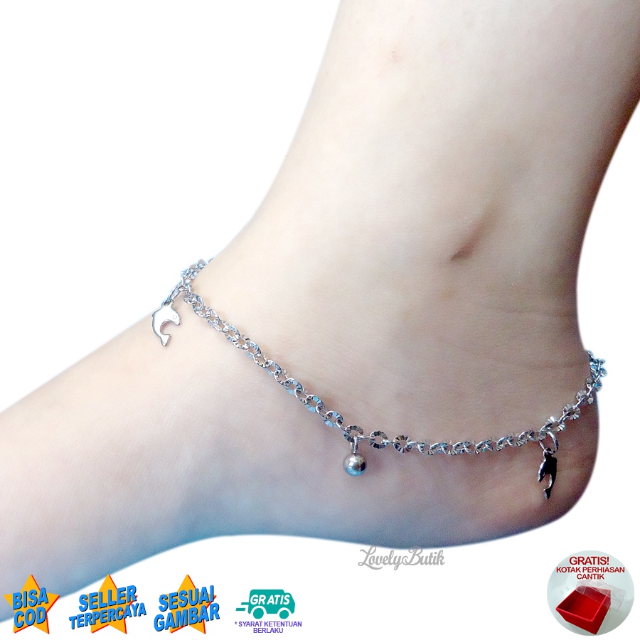 Lovelybutik Gelang Kaki Dewasa Titanium Anti Karat Dolphin Dolpin Gelang Kaki Wanita Titanium Rantai Nori Donat Ukuran 27 Cm BONUS TEMPAT PERHIASAN