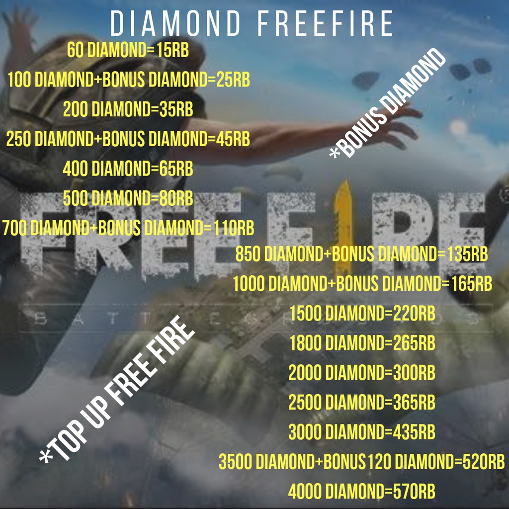 1000 2000 3640 6480 Diamond Garena Free Fire Untuk Versi IOS Dan