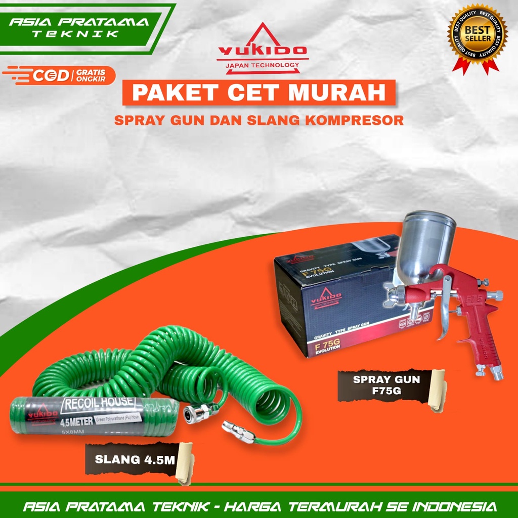 PAKET HEMAT ALAT CAT AIR BRUSH SEMPROT  Spray Gun F75G + Selang Angin YUKIDO 4,5/6/9/12 Meter - 1 Set Alat Cat Kompresor Angin