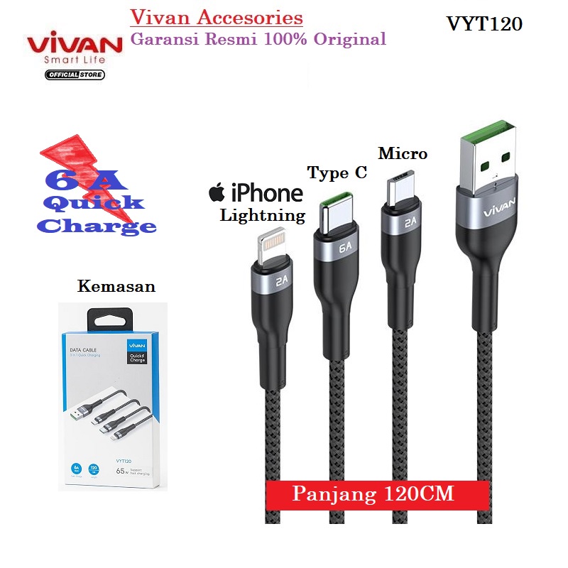 Vivan VYT120 3in1 Fast Charging Kabel Data Cable Micro USB-C Lightning