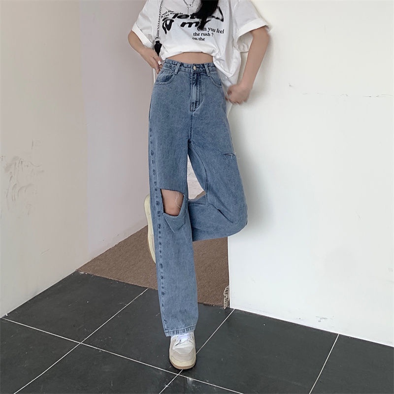 jeans high waist robek celana kekinian\ longgar denim Import \ high waist  jeans wanita sobek