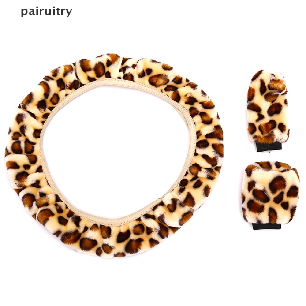 3pcs / Set Cover Stir Mobil Bahan Plush Motif Leopard Untuk Musim Dingin PRT