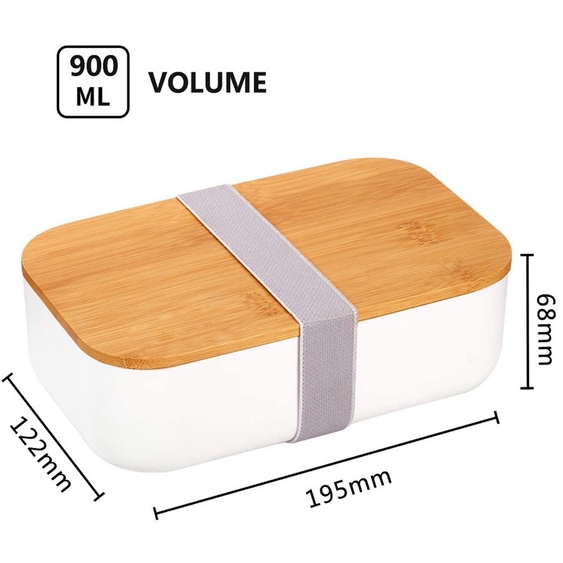 MINISO Kotak Makan Estetik 900ml + Gratis Sendok Garpu Lunch Box Putih 2 Grids Tempat Bekal Kayu Imitasi Besar Bento Lunch Box bukan Lock n Lock