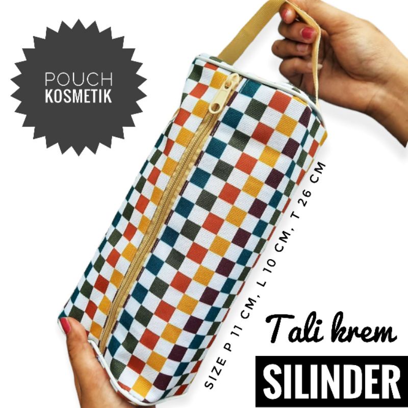 POUCH KOSMETIK/TAS MAKE UP MOTIF KOTAK KOTAK BENTUK SILINDER