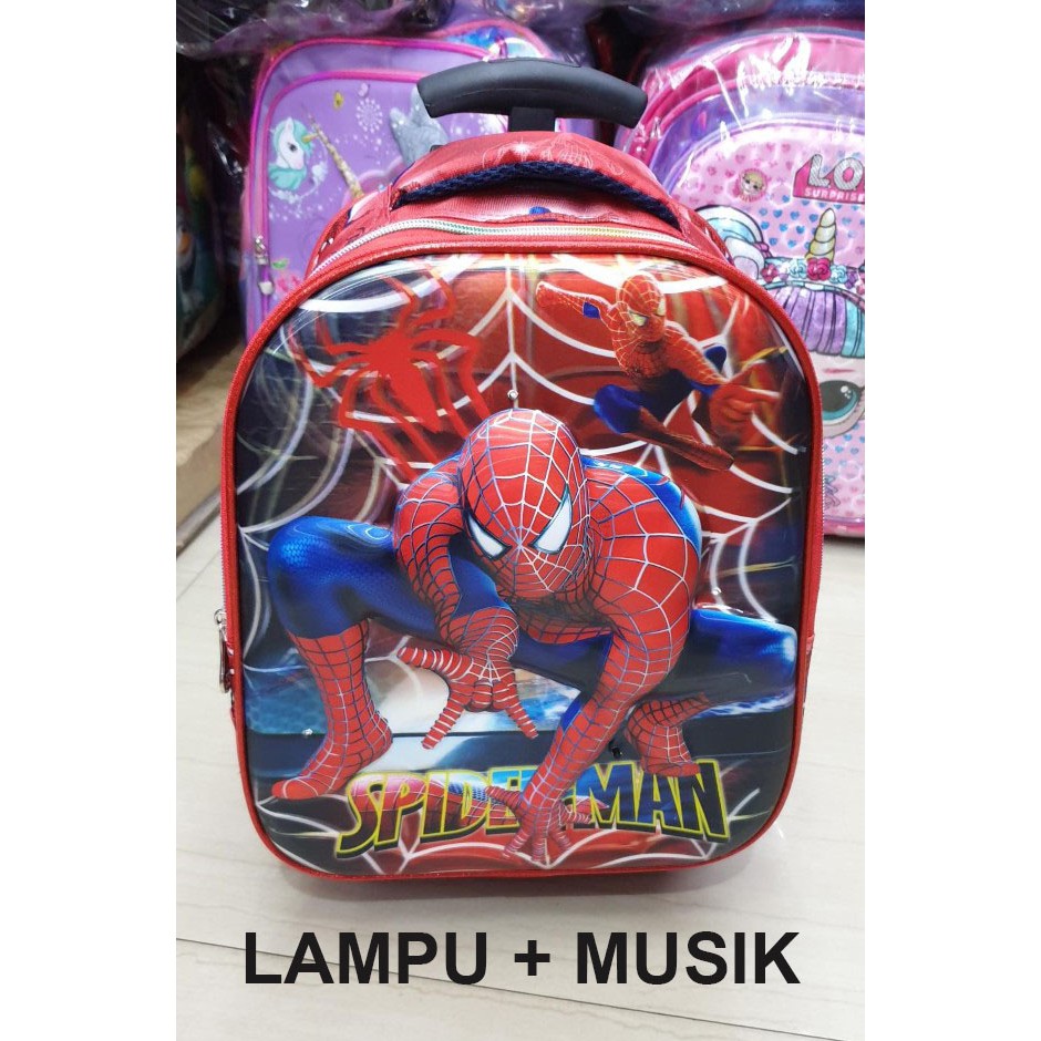 Tas Anak Sekolah TK Trolley Dorong LAMPU + Musik Gambar Anak Laki Laki dan Perempuan Timbul Import