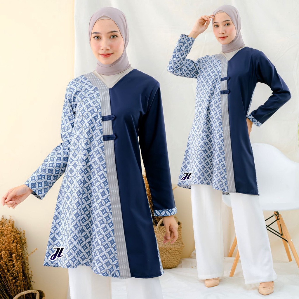 Tunik Soft Lengan Panjang Baju Batik Wanita Katun Motif Kawung Biru Kombinasi Navy