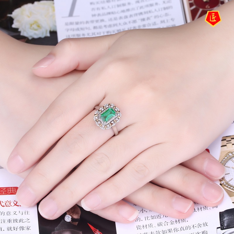 [Ready Stock]Elegant Emerald Square Diamond Ring 18K Gold Color Separation