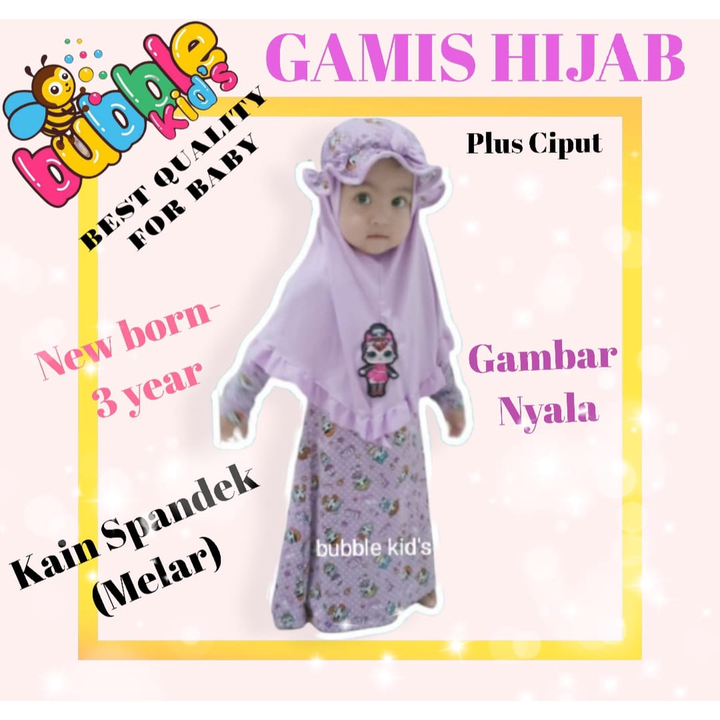 gamis bayi perempuan LED L.O.L +hijab Ciput 3in1 size 0 bulan-3 tahun bahan lembut,adem&amp; elastis