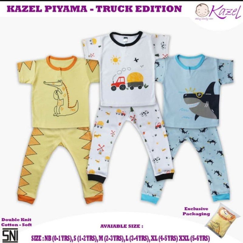 Kazel Piyama Boy Truck edition 3pcs Setelan Baju Pendek Celana Panjang Anak Laki Laki