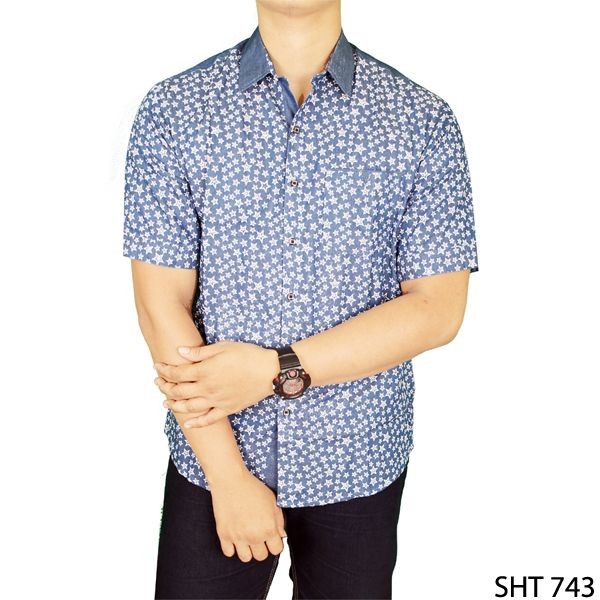 Kemeja Slim Fit Lengan Pendek Katun Biru – SHT 743