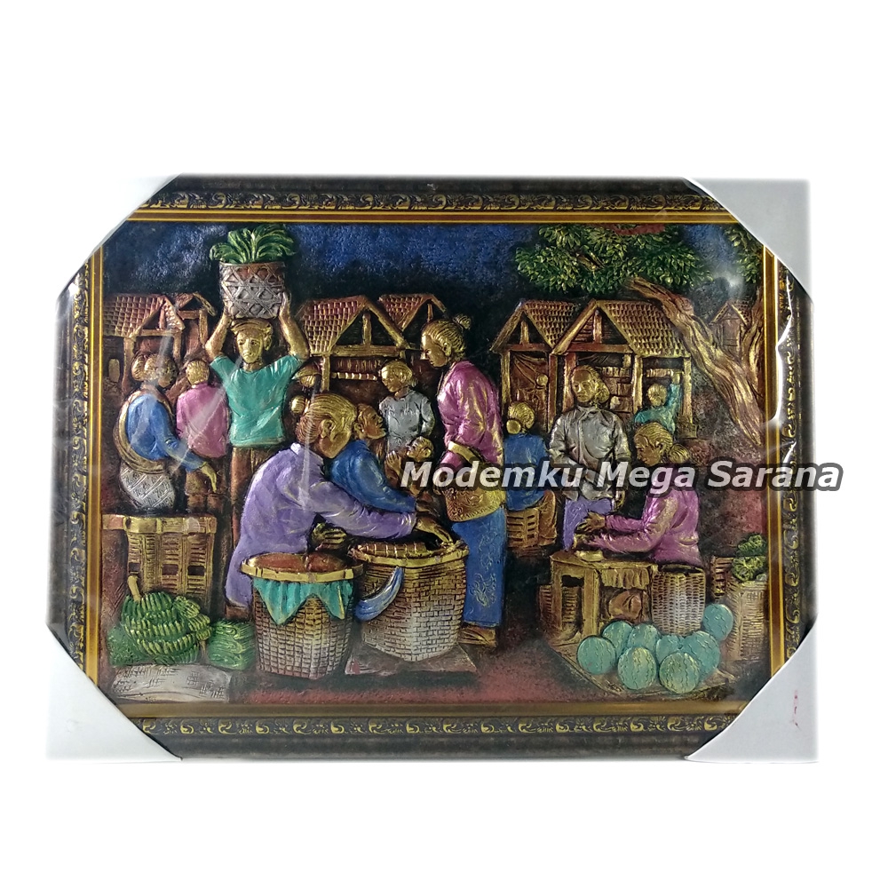 Lukisan Rilief Lukisan 3D Lukisan Timbul Pasar Tradisional 42x32cm