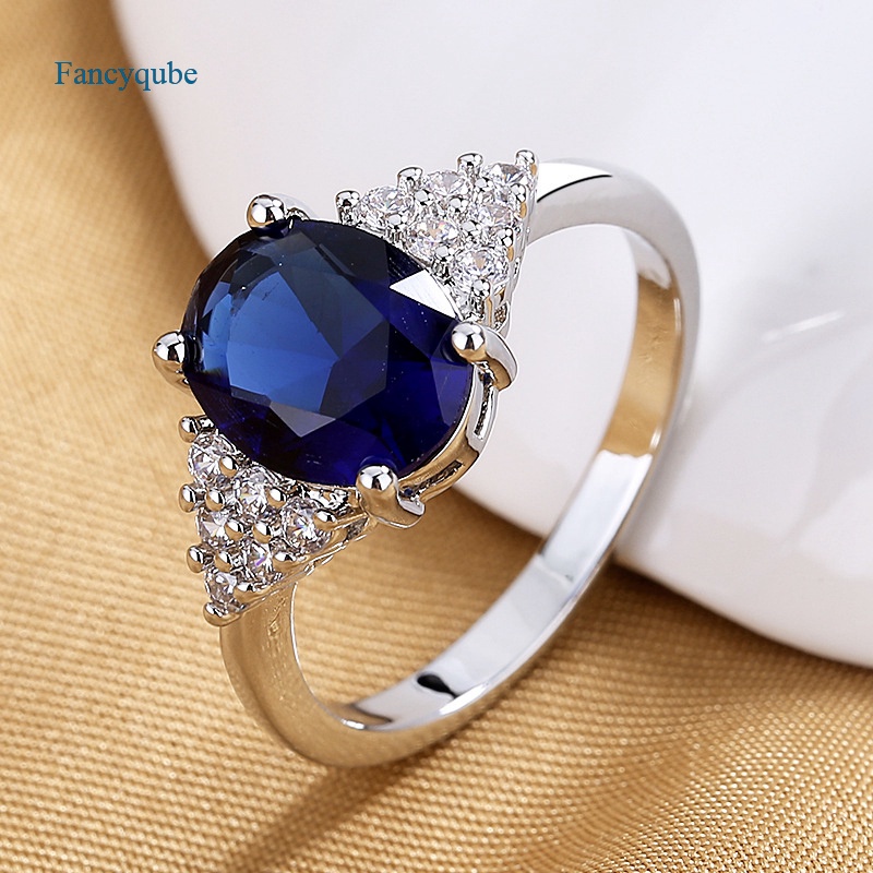 Fancyqube Perhiasan Cincin Sapphire Bentuk Oval Bahan 925 Sterling Silver Untuk Wanita