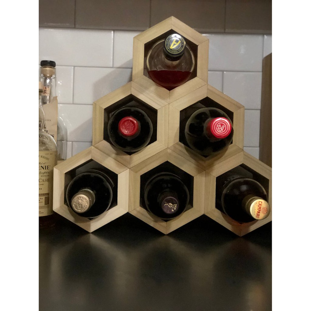 Rak Wine Kayu Hexagonal untuk Hiasan Meja atau Lemari, Tempat Minuman Model Segi Enam, Warna Natural