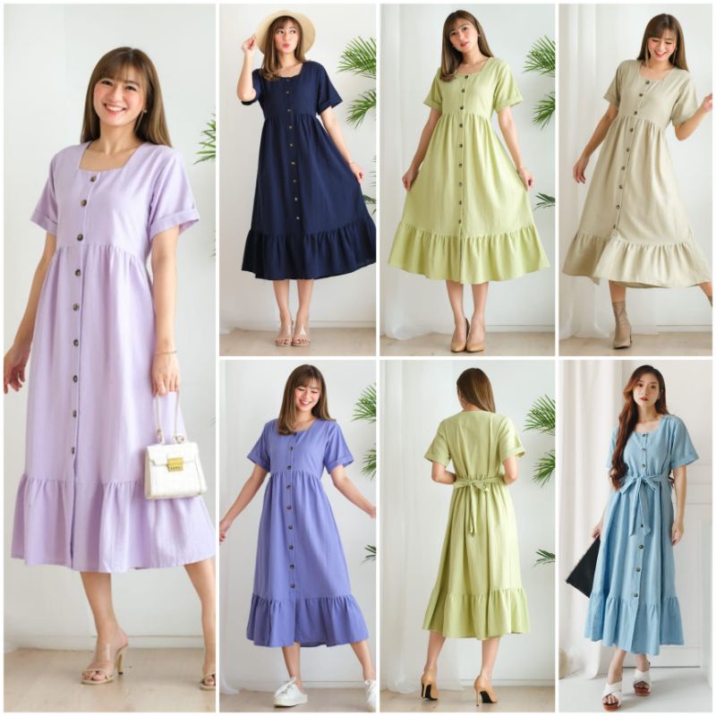 ⚡️CLEARANCE SALE ♡ PREMIUM ♡ ORIGINAL ! ELLEANORE VINTAGE BUTTON SQUARE NECK BOTTOM RUFFLE MIDI  DRESS ( BUSUI FRIENDLY )