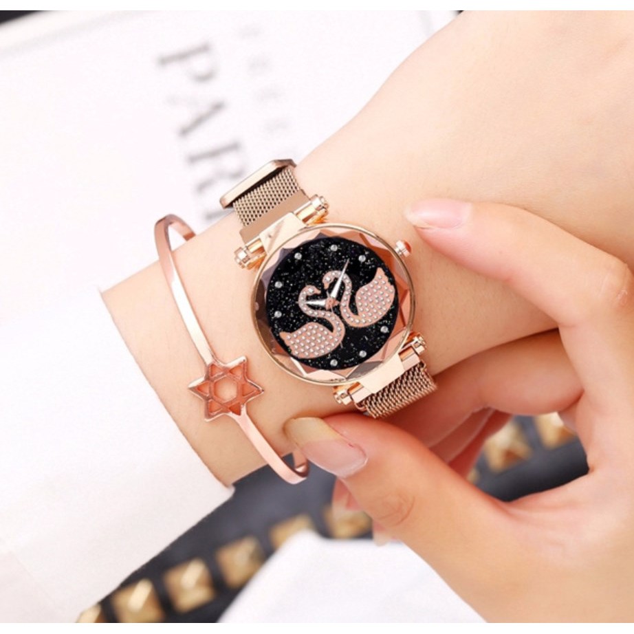 Jam Tangan Magnet Angsa TWO SWAN + FREE BOX &amp; BATERE CADANGAN Korea Fashion Women's Wrist Mesh Watch