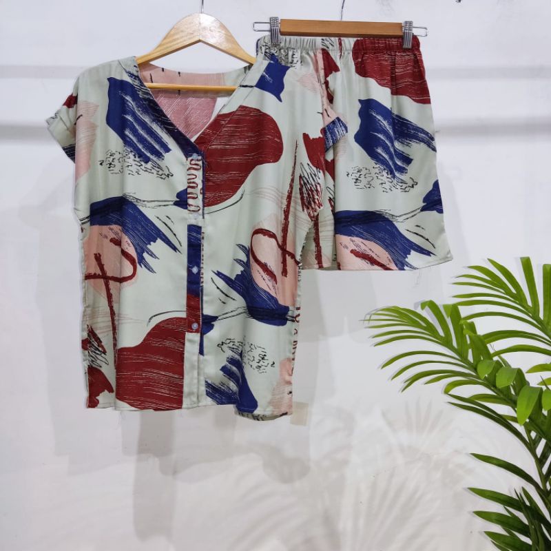 0PIYAMA KANCING PENDEK | PIYAMA BUSUI PENDEK | PIYAMA RAYON | BAJU TIDUR MURAH-KCB 34