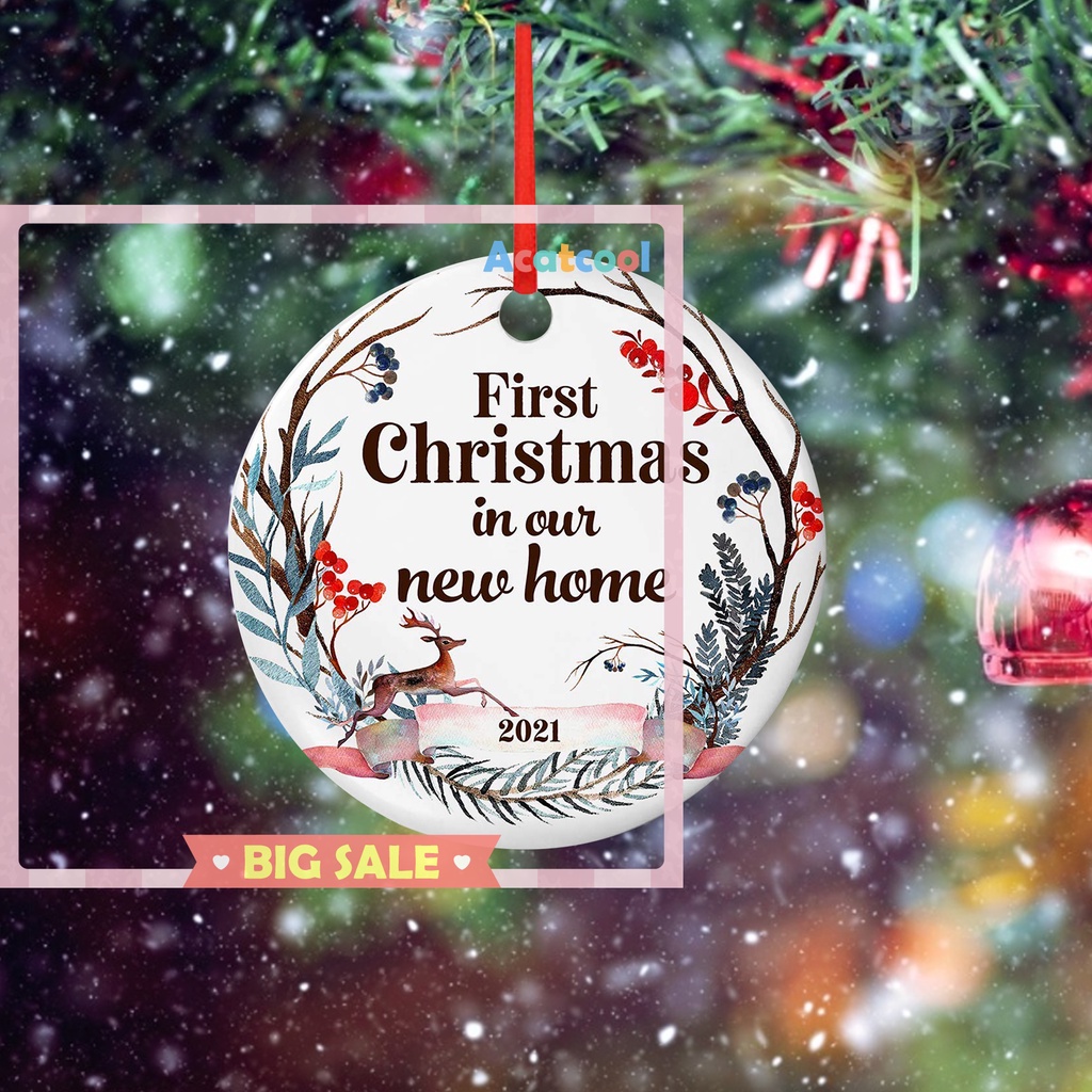Christmas Acrylic Round Ornament Xmas Tree Hanging Pendant with Red Rope