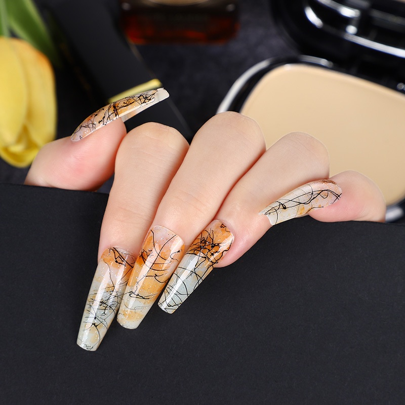 [24Pcs/Box 12 Different Size Natural Vignetting Brushing  Full Cover Long Ballerina Coffin Fake Nails] [Clear Acrylic Artificial False Nails Tips] [DIY Nail Art Accessories]