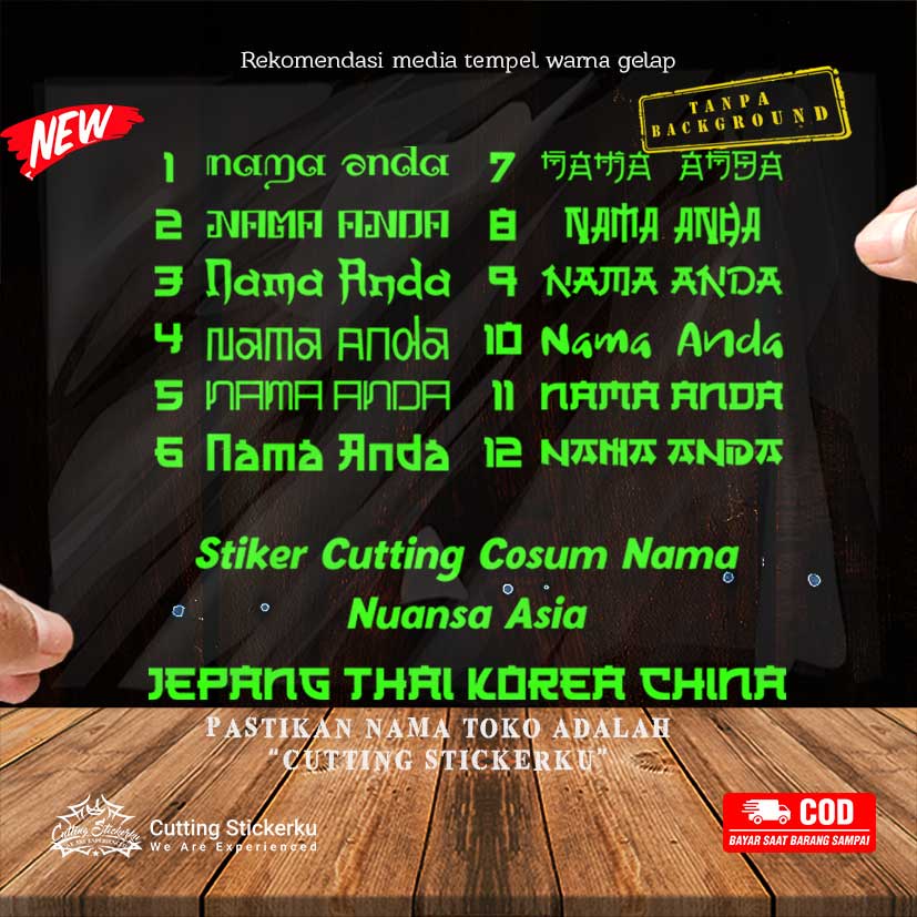 Cutting Stiker Custom Nama Asian Style Variasi Motor Mobil Sticker Timbul Keren Nyala Spakbor Visor Body Kaca Helm Laptop Hologram Reflective Tahan Air Bodi Samping Nama Ok Look Vario Beat NMAX PCX Japan Jepang Korea Thailand China Windshield Kustom Modif