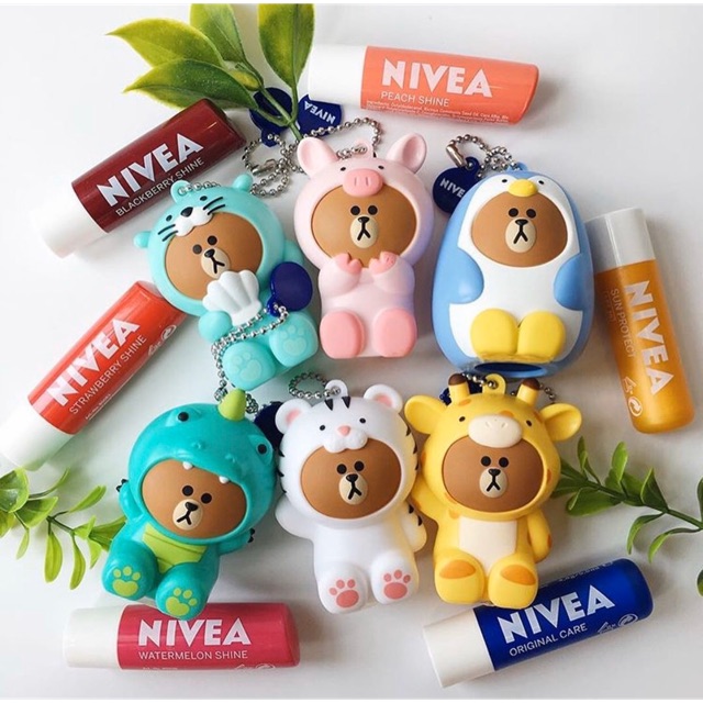 Nivea Lip Care Line Special Zoo Edition - Brown With Dino Costume / Nivea Lip Balm x Line Friends