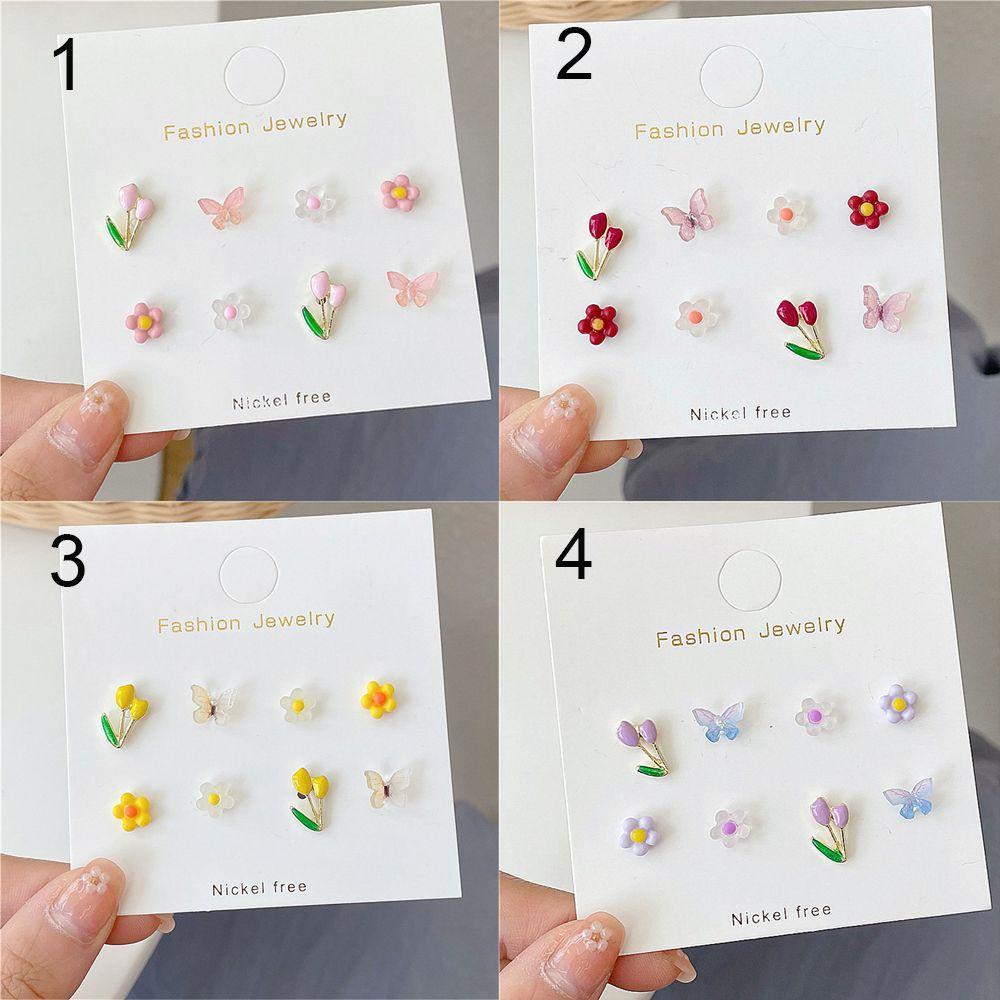 Lily 8PCS/SET Kupu-Kupu Bunga Anting Fashion Wanita Pernikahan Pertunangan Perhiasan Mini Studs Earrings