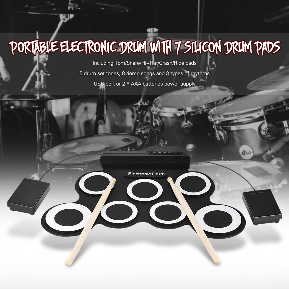 Electronic Digital Drum Kit 7 Pads Roll Up USB Power - Green