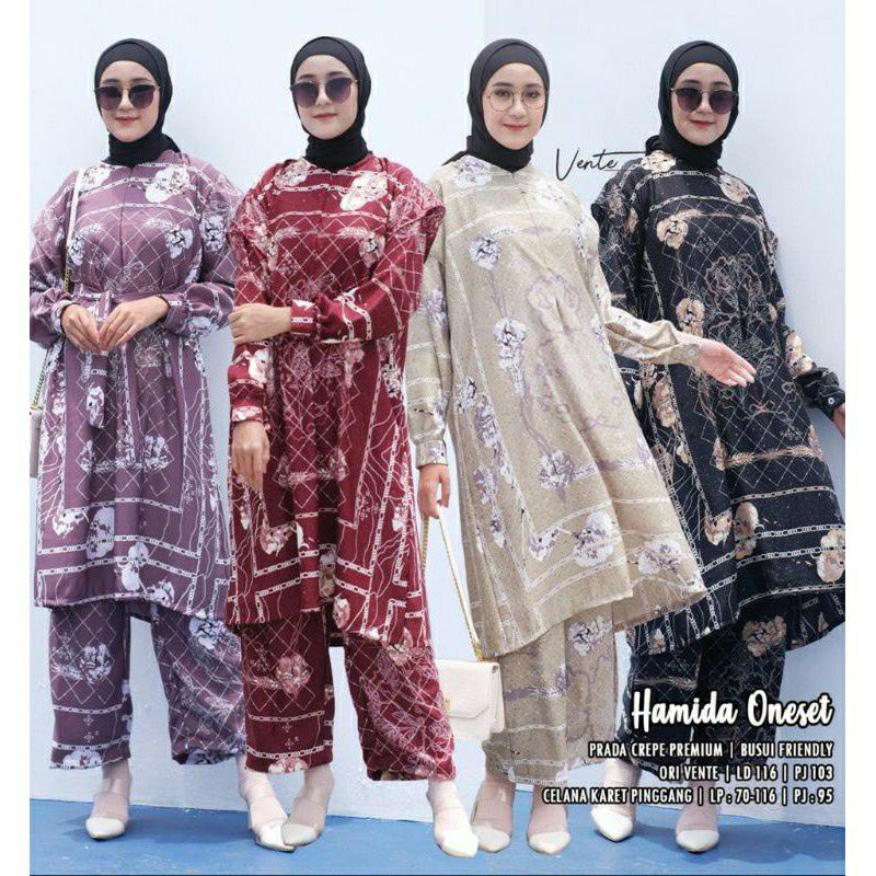 HAMIDA ONE SET // PAKAIAN WANITA MUSLIM // PRADA CREPE PREMIUM // CELANA KARET PINGGANG // ORI VENTE
