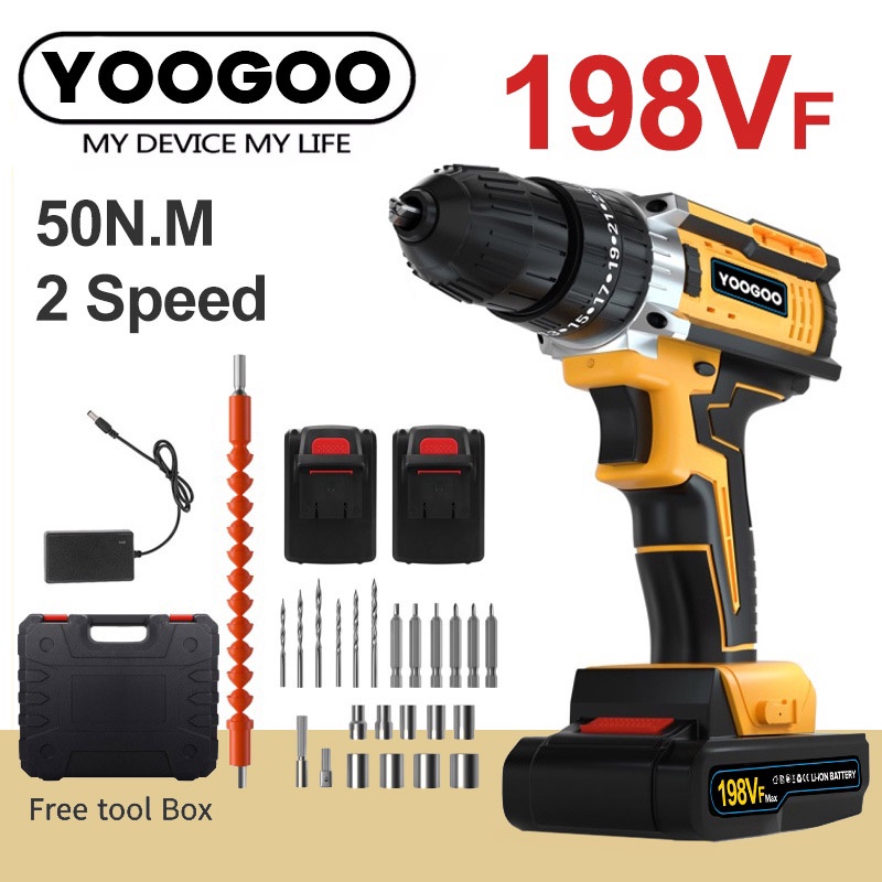 Mesin Bor Elektrik - Electric Drill Set - 198Vf Baterai Ganda Mesin Bor Cordless Mesin Bor Tangan Elektrik Bor Listrik